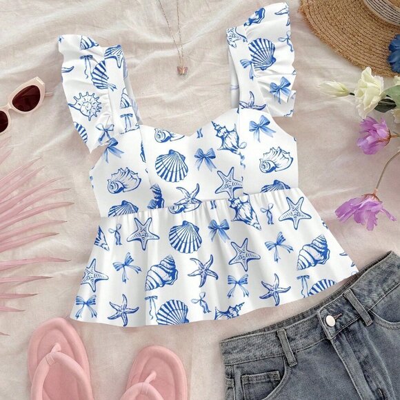 Boho Women's Casual Vacation Style Shell & Ocean print top - Picture 5 of 7